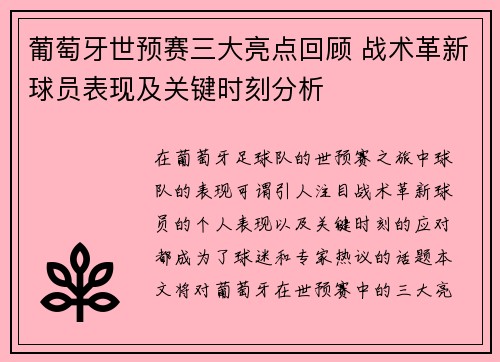 葡萄牙世预赛三大亮点回顾 战术革新球员表现及关键时刻分析