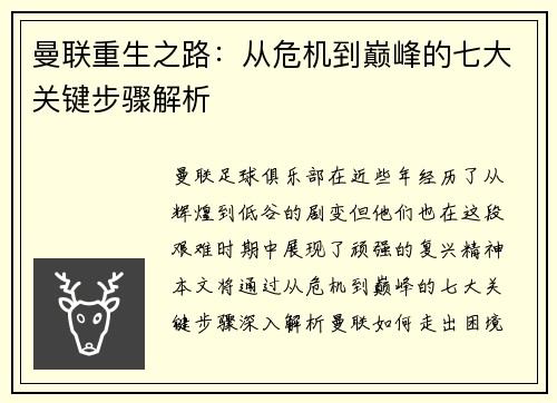 曼联重生之路：从危机到巅峰的七大关键步骤解析